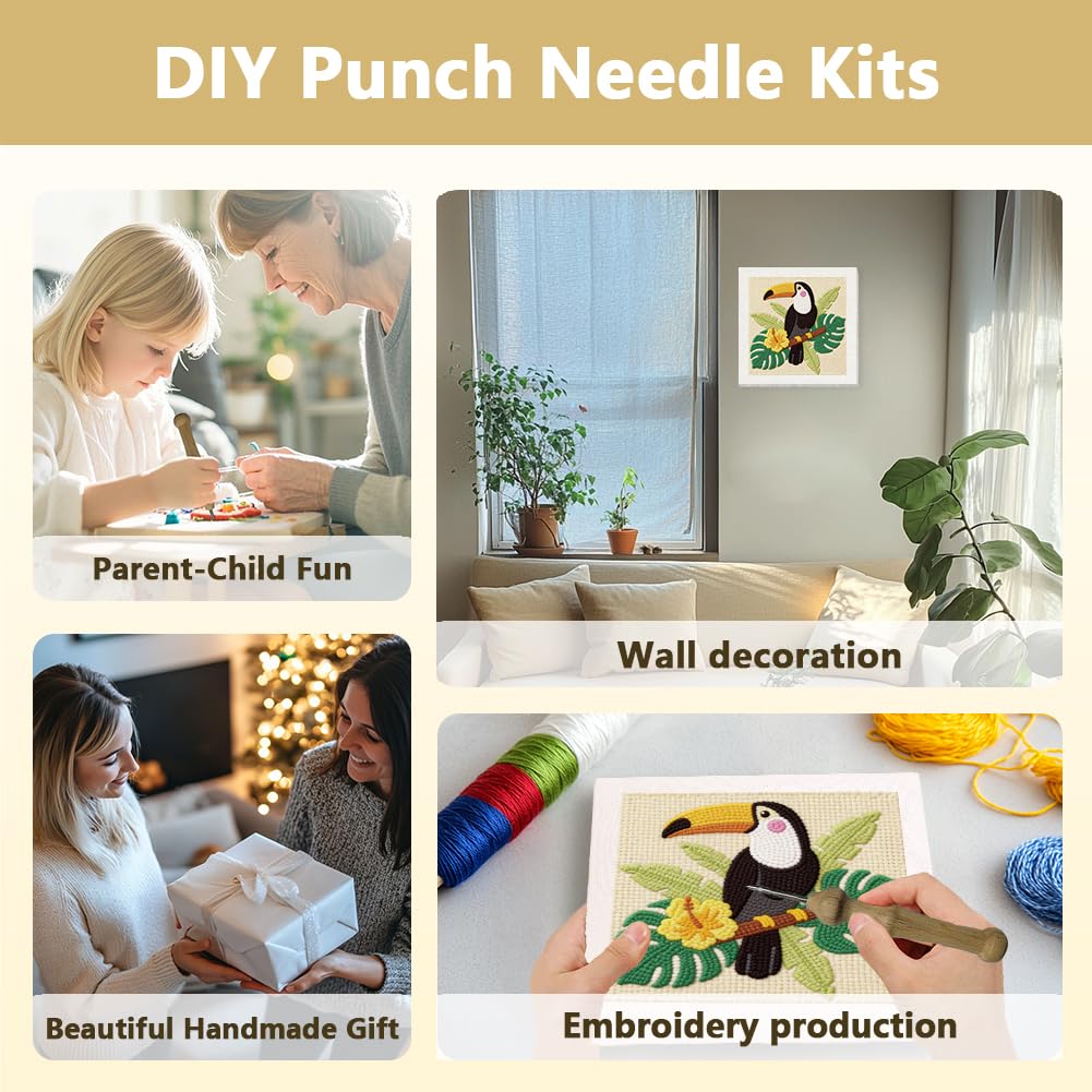 DOODLREAM Color Toucan Punch Needle Kit for Beginner, 9.4"x9.4" Plams Leaves Punch Stitching Craft Set, Bird DIY Embroidery Starter with Printed Frame, Instruction, Threader, Yarn, Pinch Needle