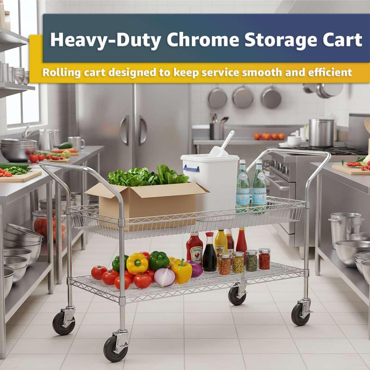 24" x 58" x 36" Commercial NSF Chrome One Shelf and One Basket Utility Cart - Heavy Duty Wire Rolling Metal Cart with Handles, Mobile Storage Cart for Warehouse, Office, Retail, Kitchen Use