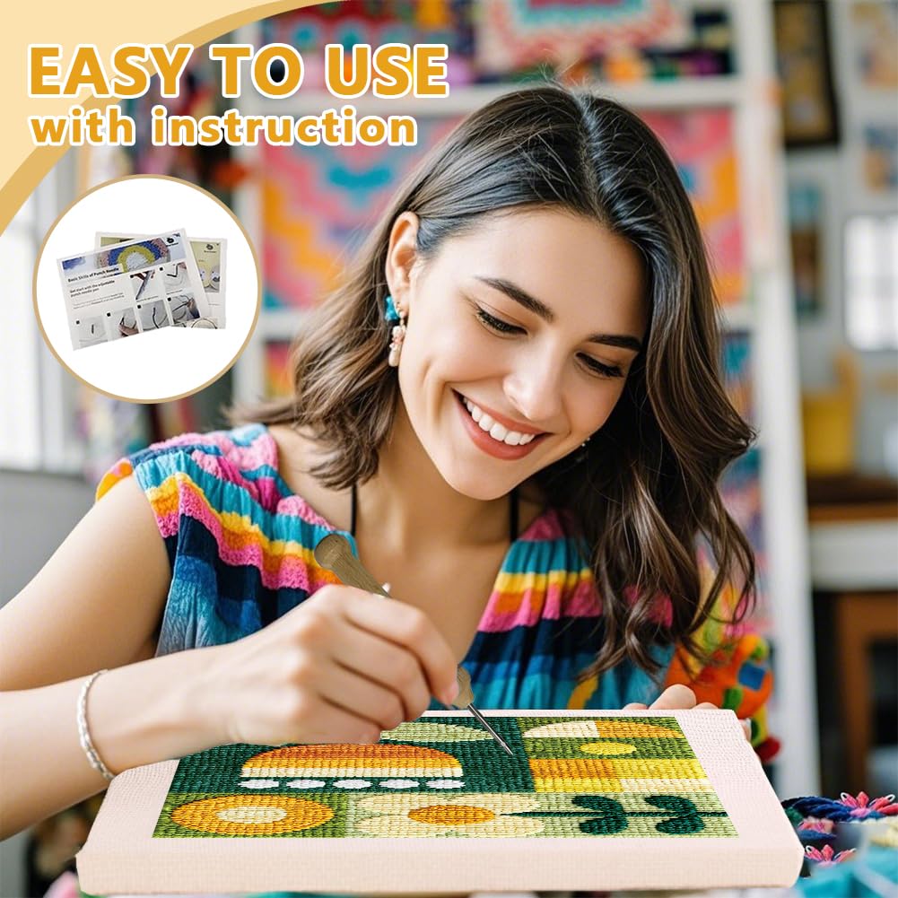DOODLREAM Geometric Flowers Needle Kit for Beginner, 9.4"x 9.4" Abstract Floral Punch Stitching Craft Set, Modern DIY Embroidery Starter with Printed Frame, Instruction, Threader, Yarn, Pinch Needle