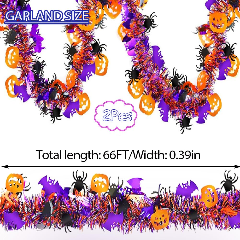 66 Ft Halloween Tinsel Garland with Orange Pumpkin Black Spider Purple Bat Glitter Tinsel Garland for Home Tree Ornaments Indoor Outdoor Party Halloween Decorations