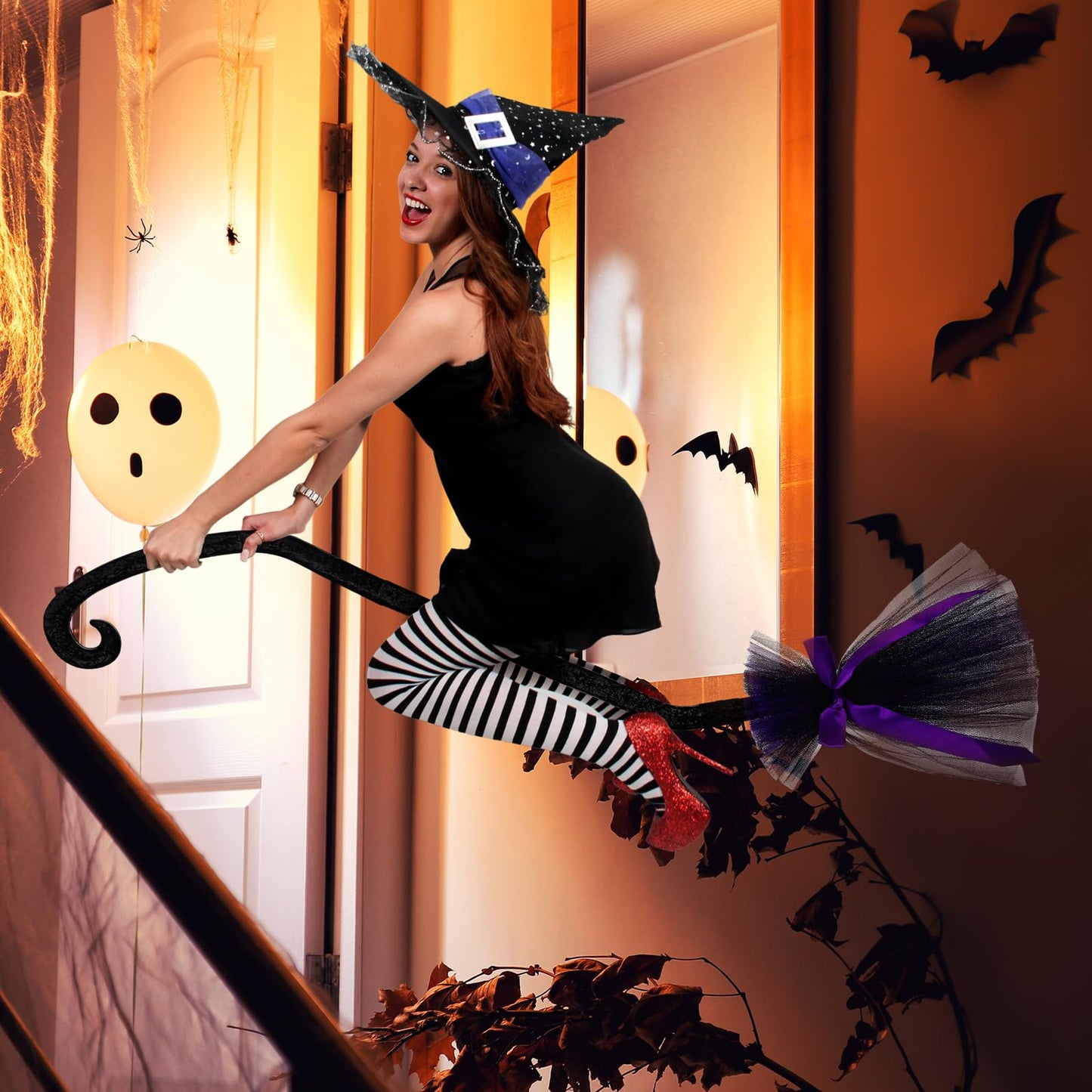 Lenwen 3 Pcs Halloween Witch Broom Plastic Witch Broomstick with Ribbons for Women, Halloween Party Costume Accessories(Black, Purple, Orange)
