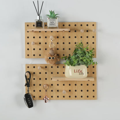 UMICAL 2 Pack Beige Wooden Pegboard, Modular Wall Organizer Storage Shelf with Hooks, Multi‑Use Display Peg Board for Home Office Bathroom Laundry Room