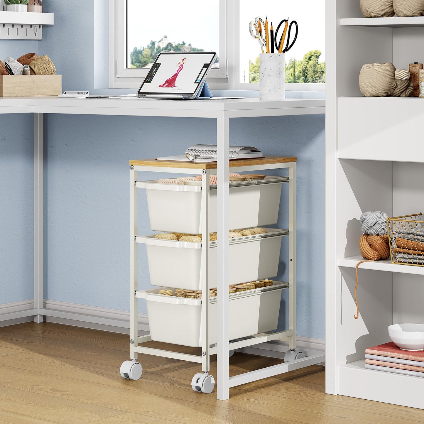 Rolling Storage Cart with 3 Drawers, Craft Organizer, Wooden Tabletop Utility Cart for Bedroom, Children's Room and Office Organization, Under Desk Trolley with Lockable Wheels,White