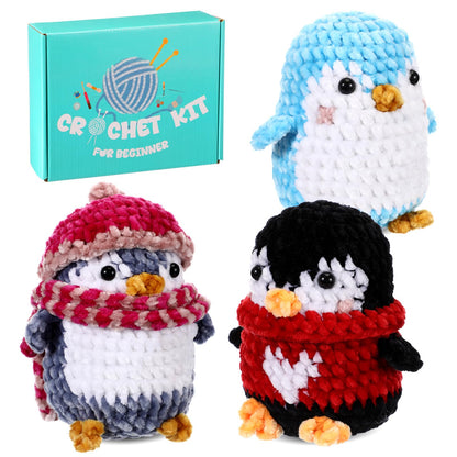 XunYee 3 Pcs Little Penguins Crochet Kit DIY Amigurumi Set Chenille Yarn Crochet Kit for Beginners with Complete Tools Step-by-Step Pattern Craft Gift for Adults