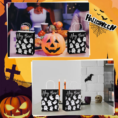 Chiisong 24 Pcs Halloween Hey Boo Ghost Paper Gift Bags with Handles Medium White Ghost Party Favor Bags for Halloween Home Table Party Supplies