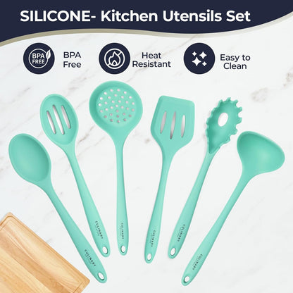 Culinary Couture Aqua Sky Silicone Cooking Utensils Set - Heat Resistant Kitchen Tools with Bonus Recipe Ebook