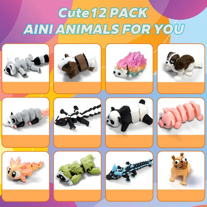 AQXYTK 12-Pack 3D Printed Animal Figurines Set, Articulated Posable Desk Companions & Fidget Toys (4"), Creature Collection Dog/Panda/Dragon/Sloth/Raccoon – Office Desk Decor, Party Favors, Gift