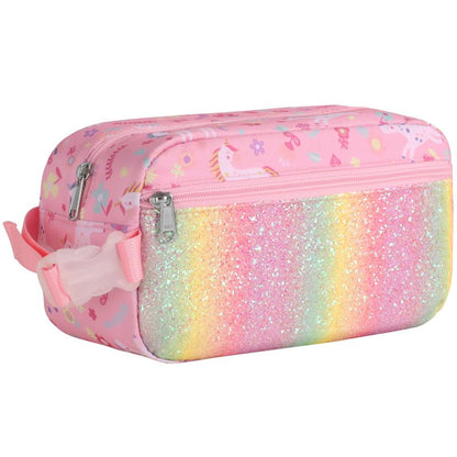 Bagseri Kids Snack Bag Girls - Small Reusable Mini Cooler Pouch, Insulated 3.9L Food Carrier with Buckle Handle for School and Daycare, Fits in Backpack, Glitter Pink Unicorn