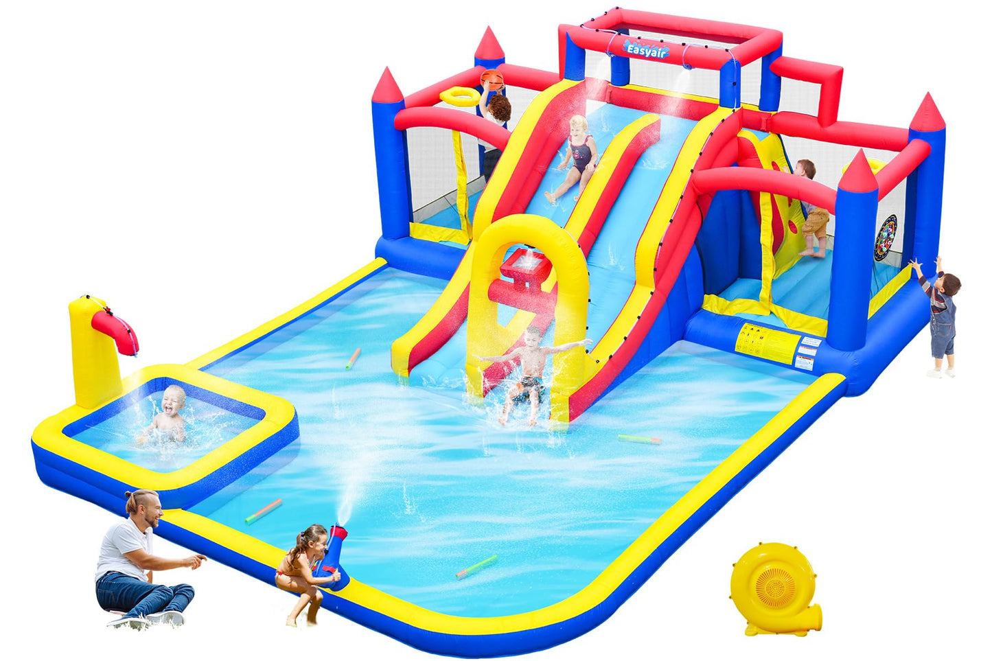 Easyair Large Inflatable Water Slide for Big Kids, Water Bounce House, Outdoor Blow Up Pool, Climbing Wall, Basketball Hoop with Blower