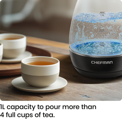 Chefman 1L Electric Tea Kettle with LED Lights, Automatic Shut Off, Removable Lid, Boil-Dry Protection, Electric