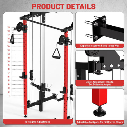 GarveeHome Folding Squat Rack, Wall Mounted Power Rack with Dual Pulley System & Pull Up Bar, Fitness Equipment for Home Gym, Garage, Apartment