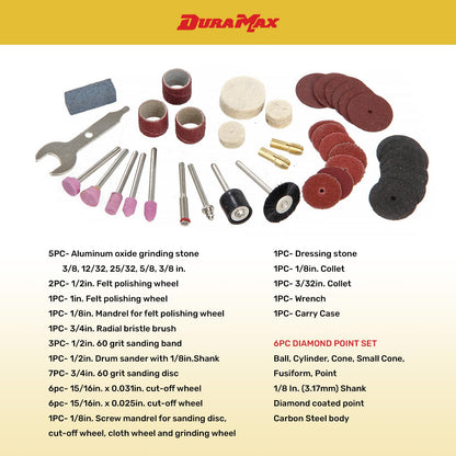 DURAMAX Rotary Tool Kit, 40 Pieces, Variable Speed 8000-30000 RPM, 120V, with 6-PCS Diamond Point Set, Carry Case