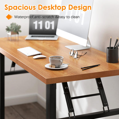 Need 31.5 Inch Folding Desk for Small Spaces, Home Office Computer Desk with Teak Wood Top & Black Frame, Foldable Writing Table for Study, Bedroom, Dorm Room & Student