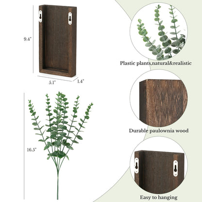 Dahey 2 Pack Wood Wall Planter Vase with Artificial Eucalyptus Farmhouse Wall Hanging Decor Pocket Planter for Indoor Fake Plants Greenery, Living Room Bedroom Kitchen Home Office Decoration