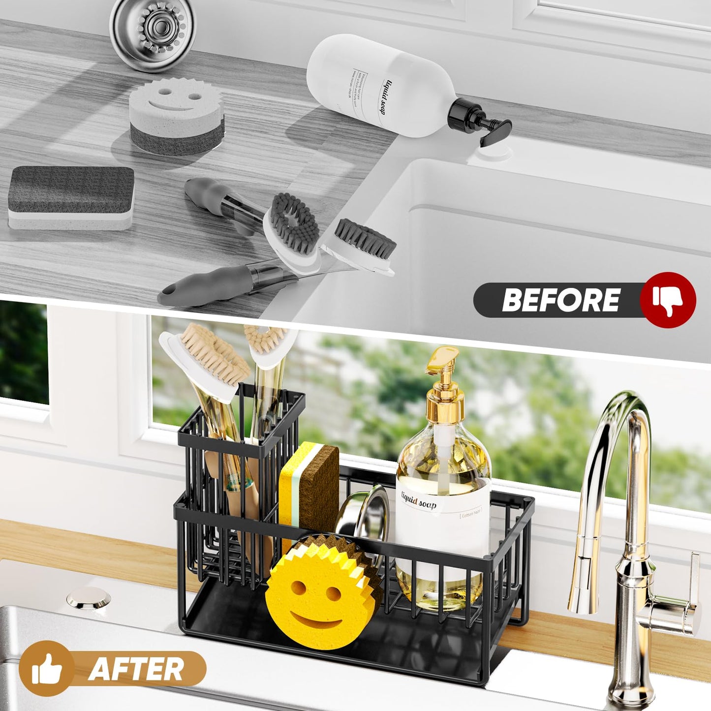 Taugast Sponge Holder for Kitchen Sink,Smiley Face Sink Caddy with Removable Brush Holder,Self-Draining Sponge Caddy for Sponge,Soap,Dish Brush,Scrubber,Kitchen Essentials and Gadgets