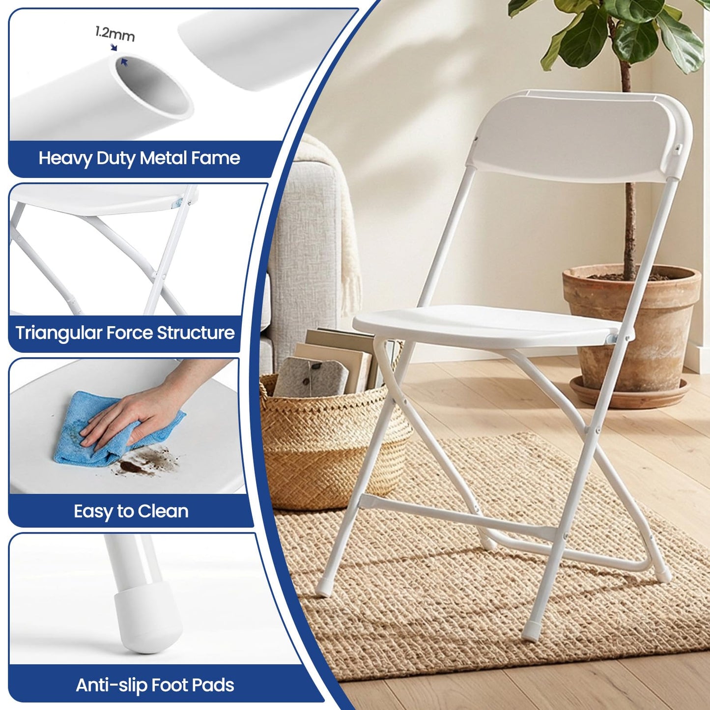 EDWINENE White Foldable Plastic Chairs Set of 20 Portable Folding Chair Stackable 350lb Capacity Sturdy Seats for Parties Events Wedding Banquet Garden Patio Kitchen Dining Indoor Outdoor Use