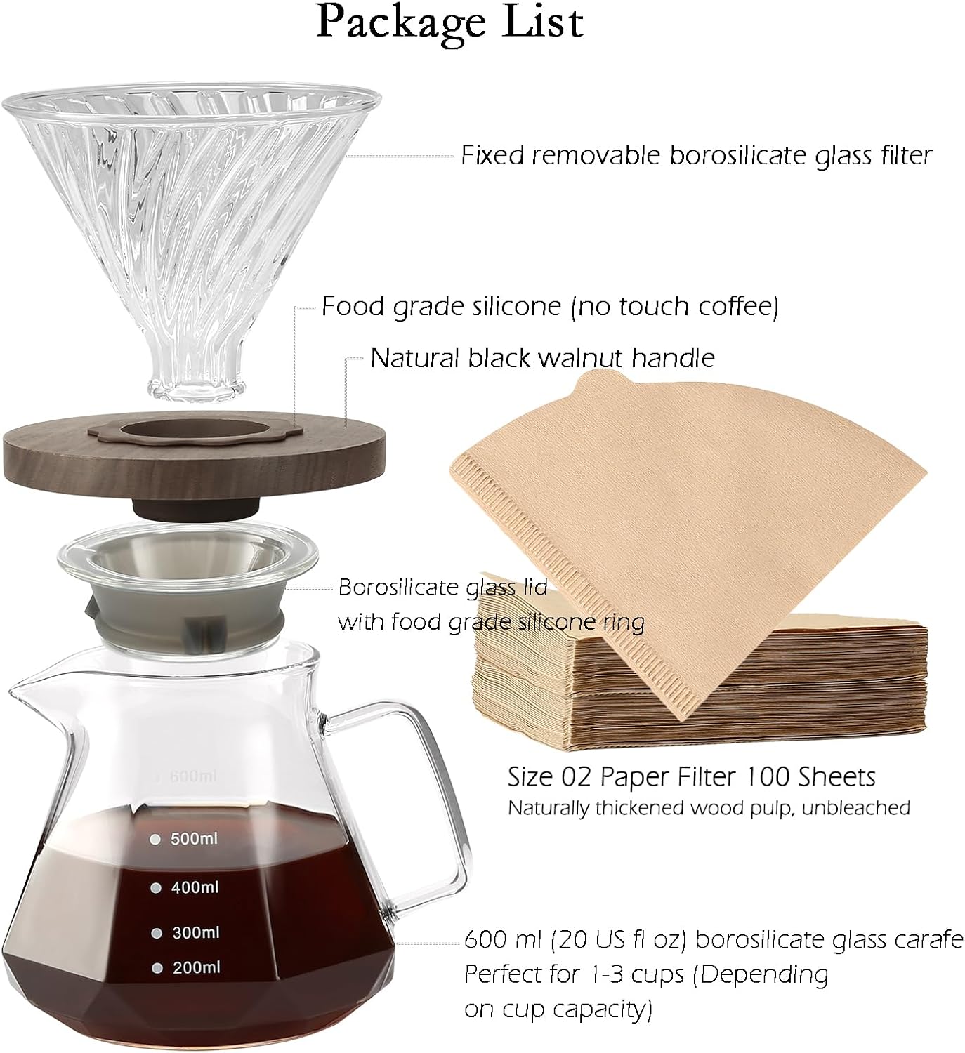 Pour Over Coffee Maker, 20 oz Borosilicate Glass Carafe with 100 pcs V60 Paper Filter, Walnut Handle, Clear