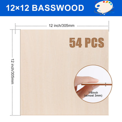VKIZA 54 Packs Basswood Sheets 12"x12"x1/8", 3mm Basswood for Laser Cutting and Engraving, Thin Plywood Board Unfinished Wood for Crafts, DIY Ornaments and Architectural Model, Wood Burning.