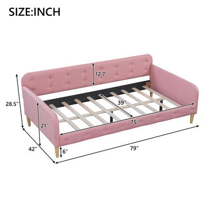 Ball & Cast Twin Size Daybed,Upholstered Day Bed Frame with 4 Wood Legs,Button Tufted Sofa Bed for Living Room,Apartment,No Box Spring Needed,Pink