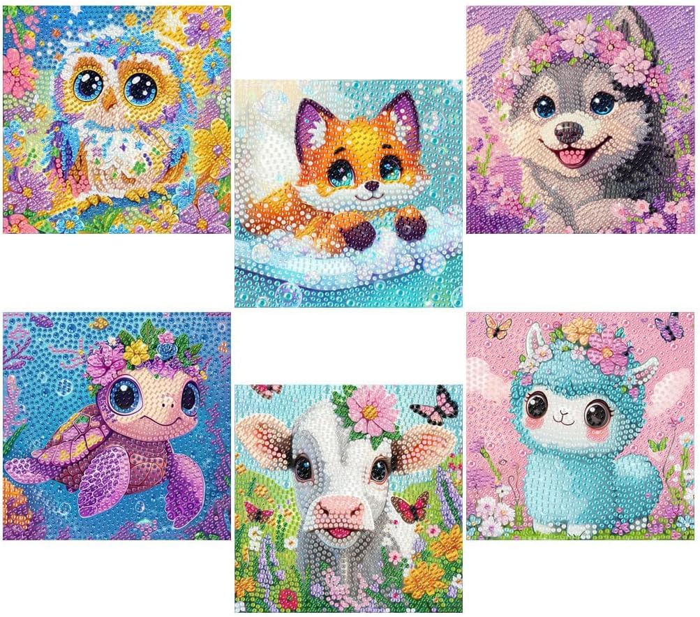 VividMeng 6 Pack Diamond Painting Kits for Kids Beginners, Cute Animals Diamond Art for Kids Ages 6-8-9-10-12 Girls Boys, Full Round Drill DIY Big Gem Art for Home Wall Decor and Gift 6x6inch