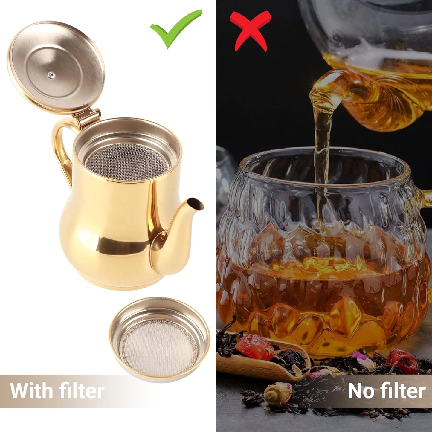 Tea Kettle, 500ml Stainless Steel Teapot with Filter, Proof Oil Strainer Pot for Hotels, Restaurants, Homes (Gold)