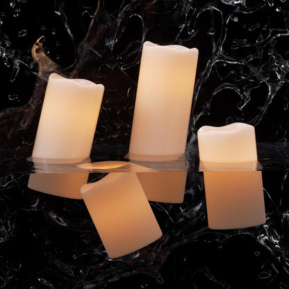 Eldnacele Waterproof Flameless Flickering Candles with Remote and Timer, Battery Operated LED Pillar Candles Indoor Outdoor White Plastic Candle Pack of 4 Wedding Dinner Home Decor, D3 x H4 5" 6" 8"