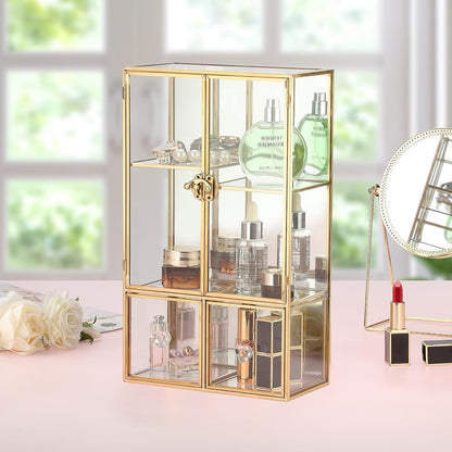 ELLDOO Clear Glass Storage Box with 2 Drawers, Gold Mirrored Jewelry Makeup Display Organizer Case