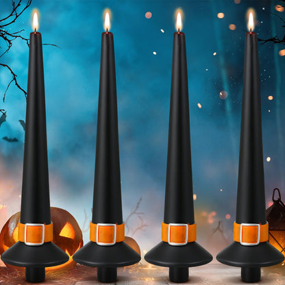 Conelist 4 Pieces Halloween Witch Hat Candles Halloween Black Taper Flickering Candles for Party Decoration Dinner Party Holiday Decor