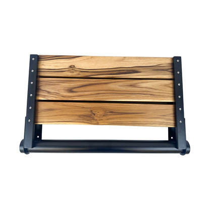 Teak Shower Seat Bench with Back - Wall Mounted Fold Up Shower Seat, Waterproof Folding Teak Bath Chair for Seniors, 304 Stainless Steel Frame, with 300 lbs Capacity - 24" Length, Matte Black
