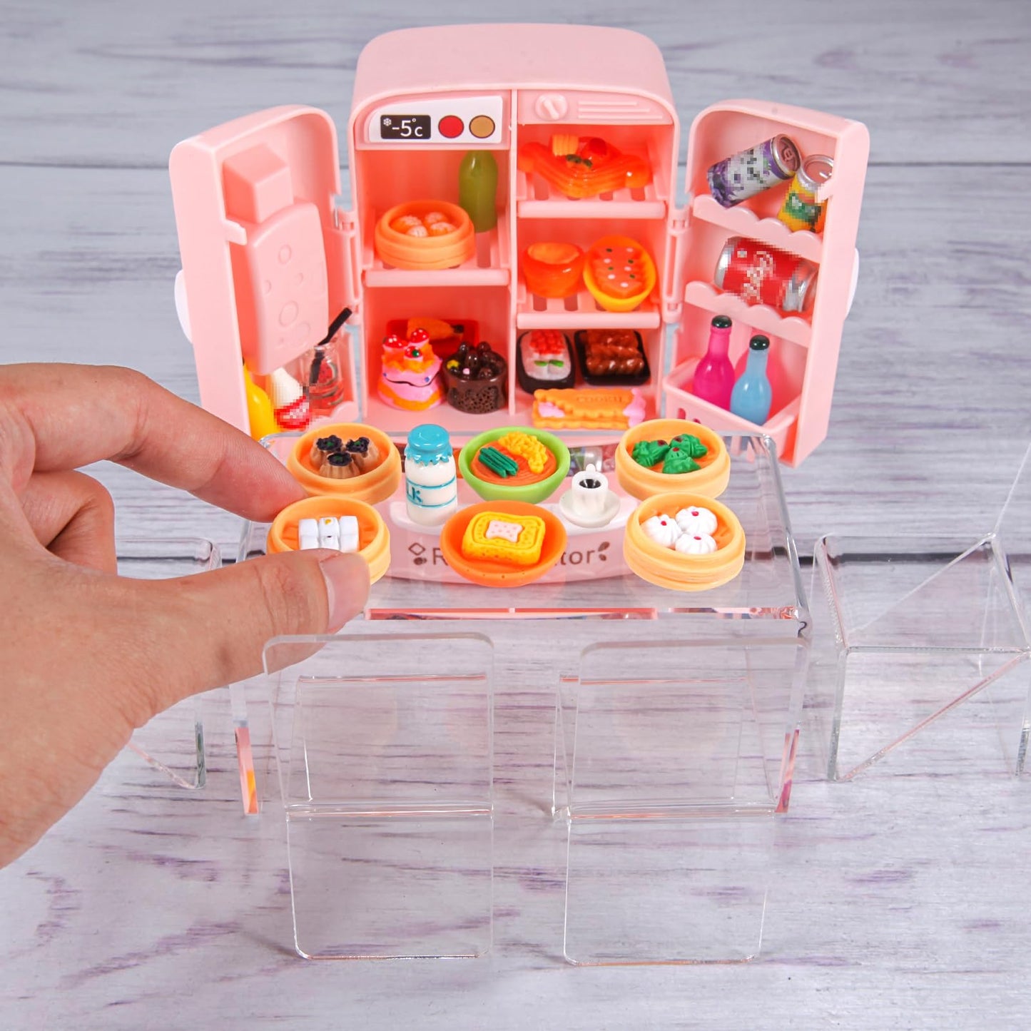 95 Pcs Dollhouse Refrigerator Mini Fridge Table Dining Car Toy with Food Set Kitchen Furniture Miniatures Party Fruits Juice Milk Desserts for Children Drink Cake Pretend Play Game Fake Ice Cubes