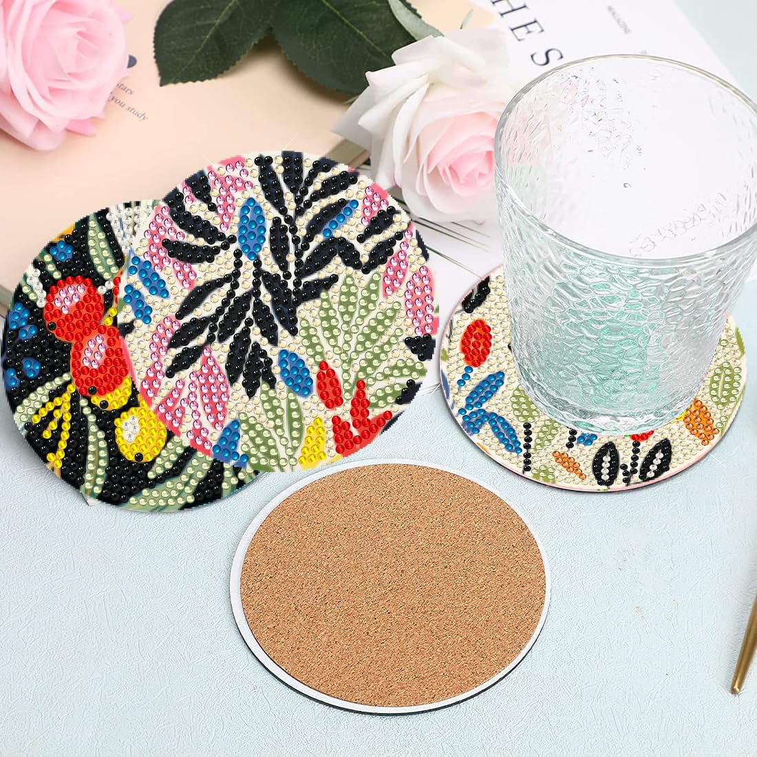 DOTZSO 8 Pcs Diamond Art Coasters Kit with Holder, Diamond Art Kits for Adults Beginners Small Diamond Painting Coasters, Arts and Crafts for Adults Supplies Item Sets (Flower)