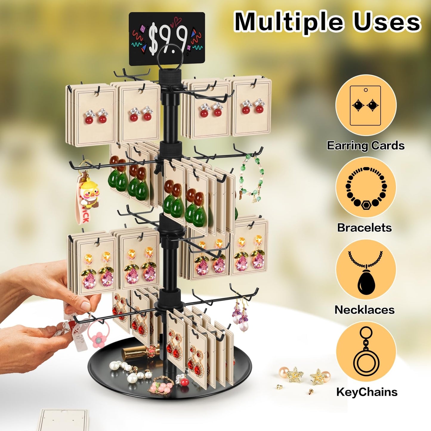 GEAMSAM Jewelry Display for Vendors with 80 Hooks, 4 Tier Rotating Display Stand Earring Holder Organizer Adjustable Height, Earring Rack Keychain Necklace Bracelet Display for Retail