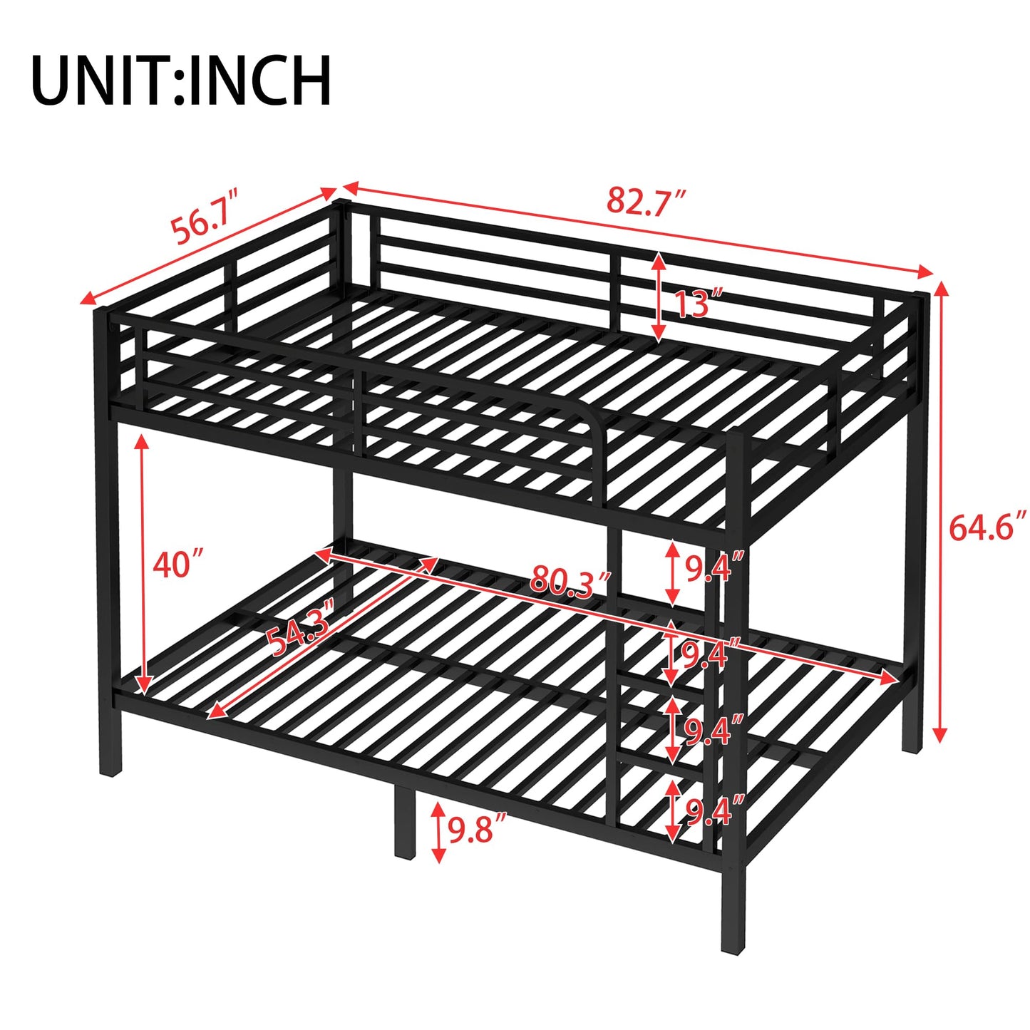 KEIKI Full XL Over Full XL Bunk Bed Metal Frame for Teens & Adults, Heavy Duty Space Saving Bunk Bed Frame with Safety Guardrails & Ladder, Noise Free, No Box Spring Needed, Easy Assembly, Black