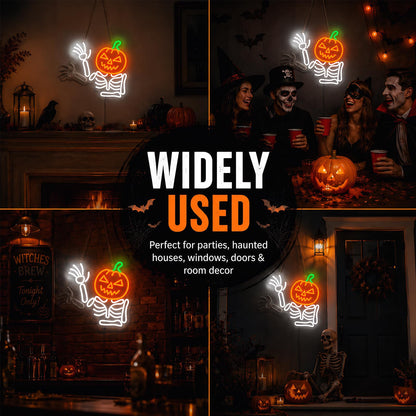 Waving Pumpkin Skeleton Neon Sign, Flashing Halloween Neon Sign, Dimmable Skull Led Light for Wall Decor, Halloween Decorations for Home, Party, Bar, Window