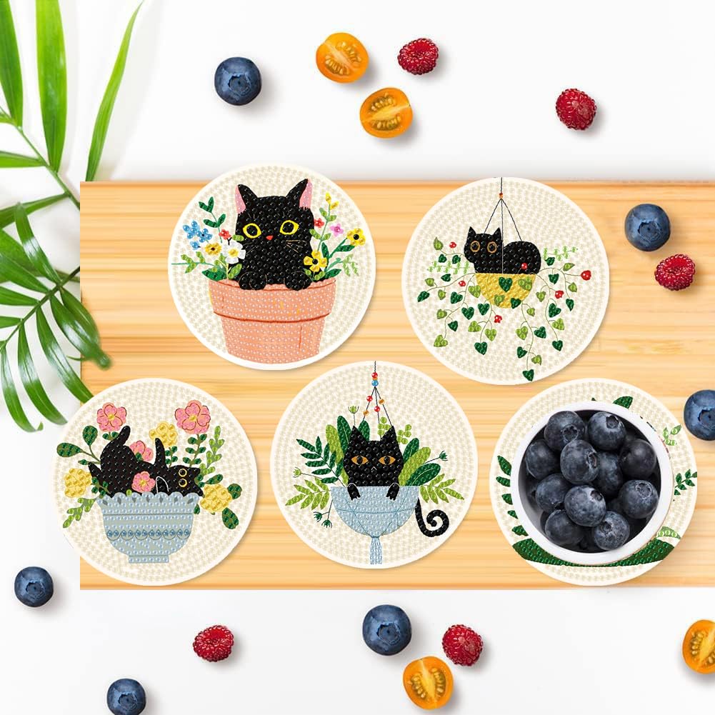 Clendo 8 Pcs Black Cat Diamond Art Coasters Kit - DIY 5D Small Diamond Painting Coasters with Holder, Flowers Diamond Art Kits for Adults Coasters, Arts and Crafts for Adults