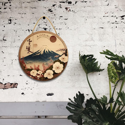 Japanese Style Landscape Painting Wall Art, Red Cherry Blossom Circle Decor, Mountain River Sign for Bedroom Living