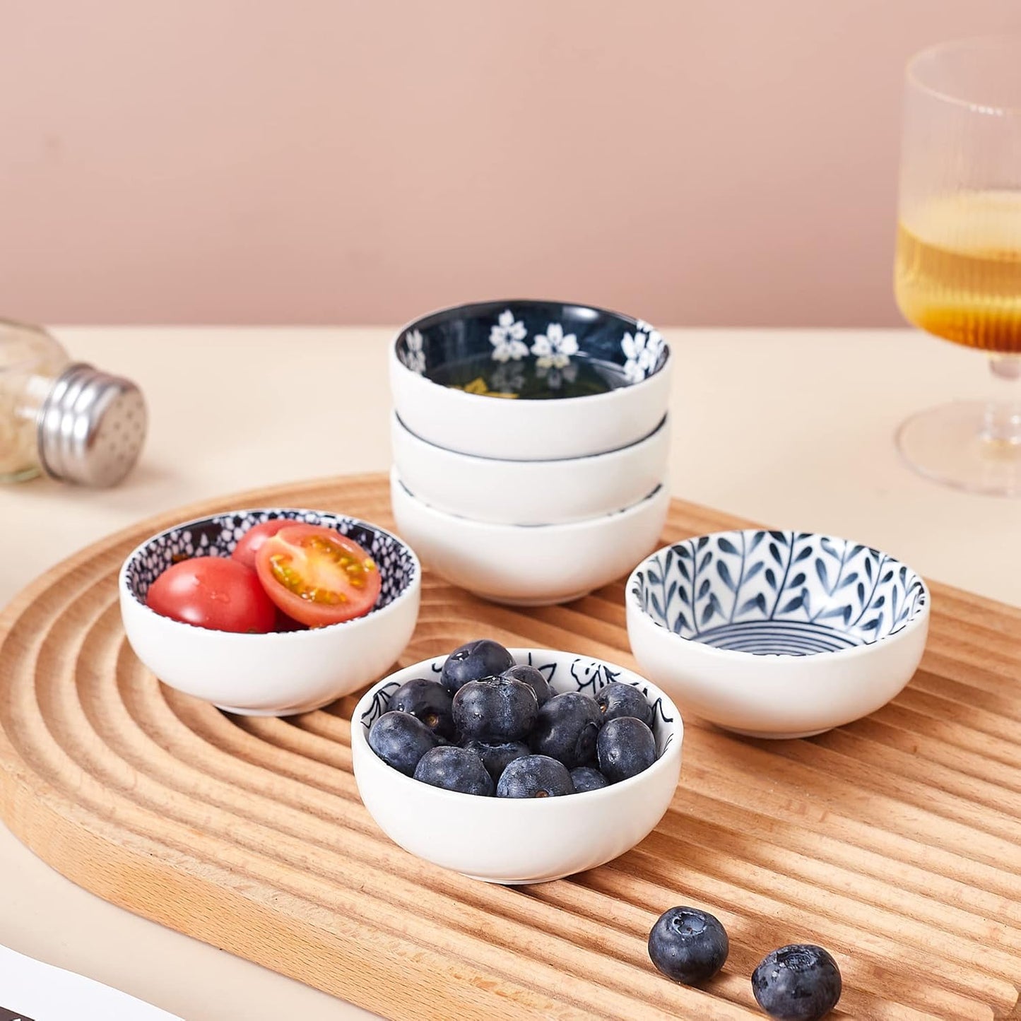 Ceramic Dipping Bowls Set of 6, 3 Inch Pinch Bowls for Sushi, Snack, Soy, BBQ, 2.5 Oz Blue and White