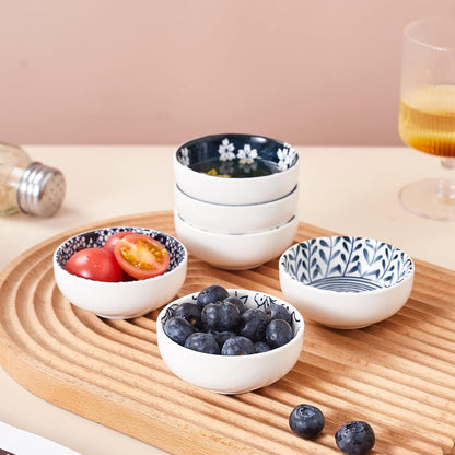 Ceramic Dipping Bowls Set of 6, 3 Inch Pinch Bowls for Sushi, Snack, Soy, BBQ, 2.5 Oz Blue and White
