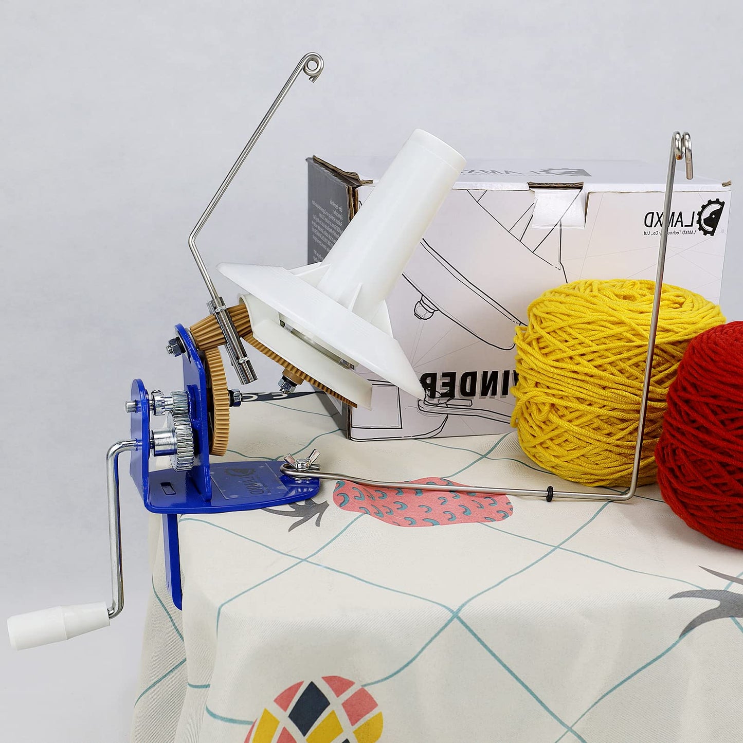 LAMXD Large Capacity Yarn Winder - 10-Ounce, Jumbo Metal Yarn Ball Winder with Thread Cutter Scissors, Blue and White