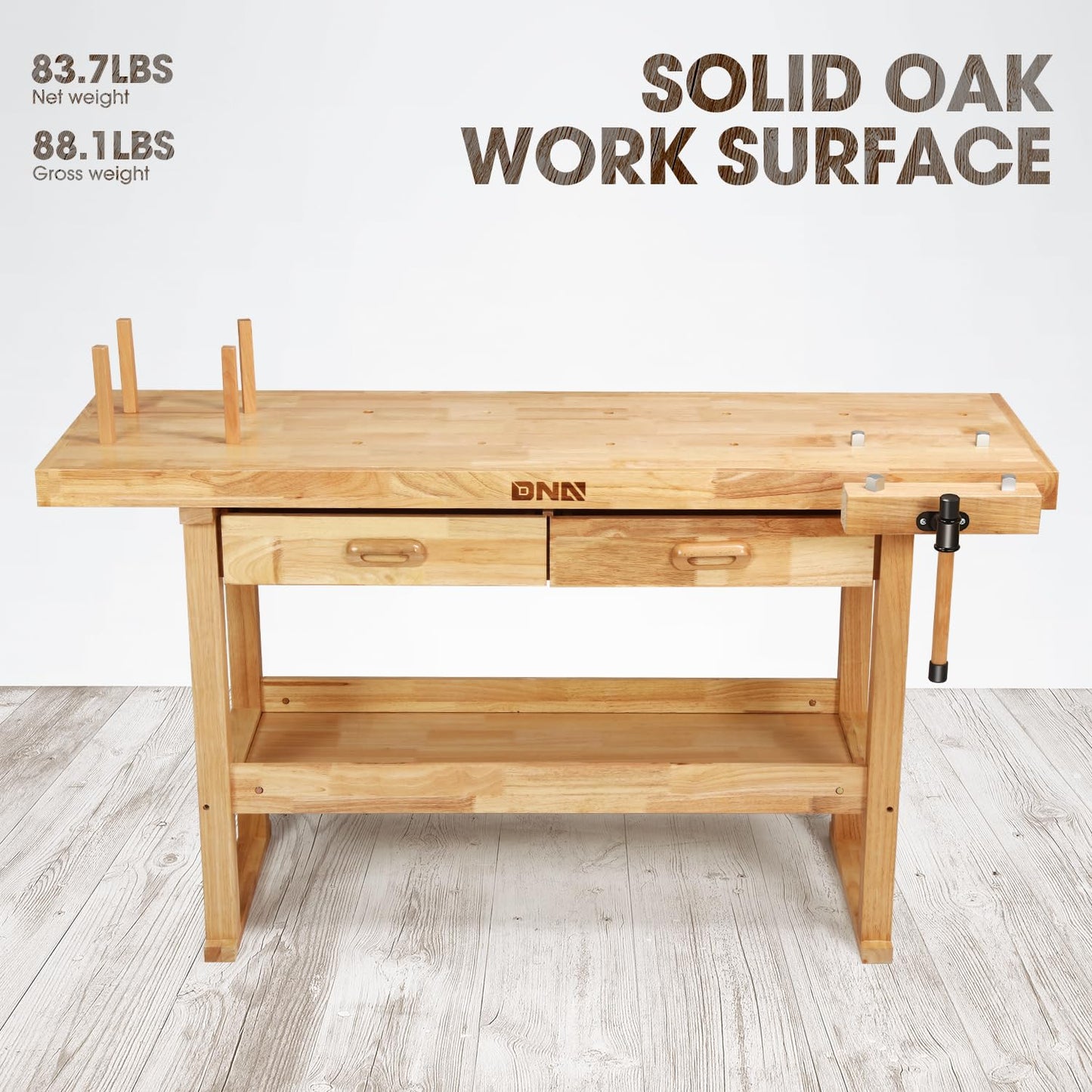 DNA Motoring Heavy Duty Wood Workbench, Wooden Workbench with 2 Drawers for Workshop, Garage, W/Adjustable Handle, TOOLS-00521