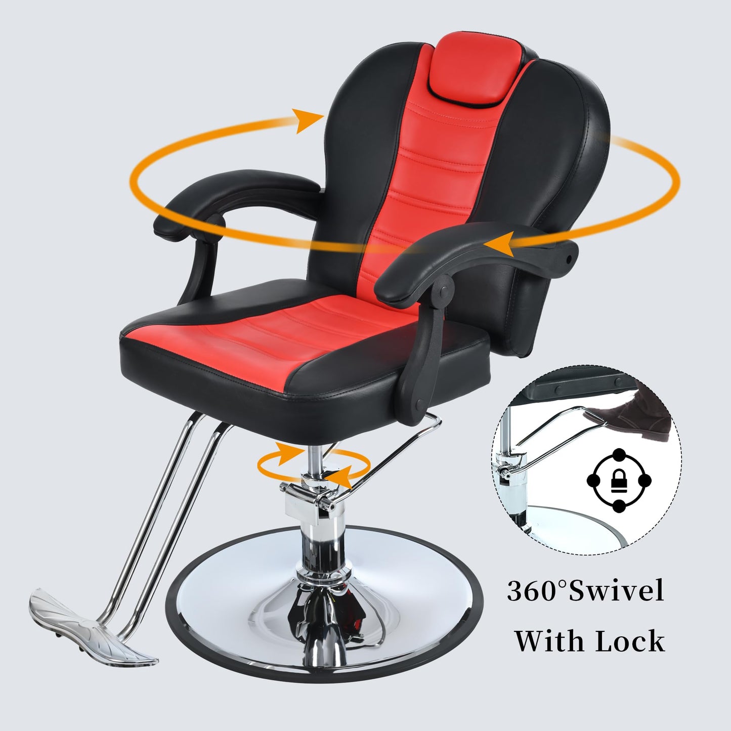 Classic Reclining Barber Salon Chair, for Hair Stylist with Heavy Duty Hydraulic Pump, 360° Rotation, Tattoo Shampoo Beauty Equipment, Red+Black