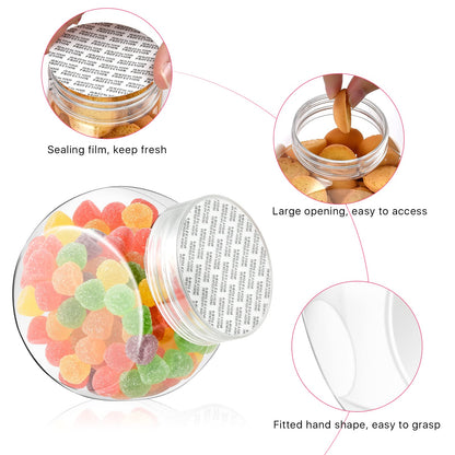 Elesunory 4-Pack 14.5 oz Clear Plastic Candy Jars with Lids, Airtight Candy containers for Individual Portions, Snacks, Treats & Crafts, Stackable, Shatterproof Kitchen Plastic Cookie Containers