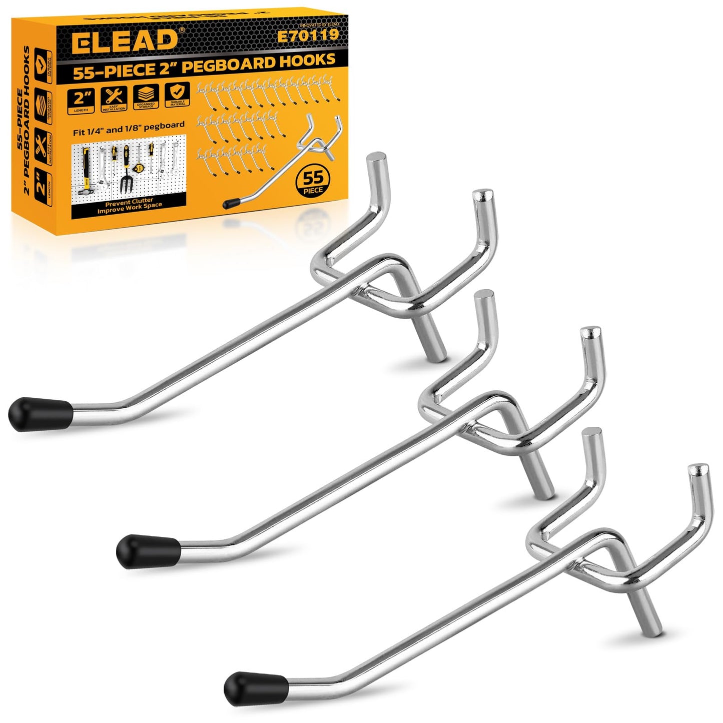 ELEAD 55-Piece 2 Inch Pegboard Hooks, Heavy Duty Peg Board Organizer Accessories, Peg Board Tool Hangers Fit for 1/4" and 1/8" Pegboard Hanging Tools Garage, Workshop, and Craft Storage