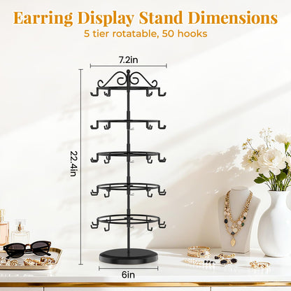 EsLuker.ly Earring Holder Organizer Rotating Display Tree Stand, Adjustable Height Earring Card Hanger Rack with 50 Hooks for Vendors Market Selling, 5 Tier Metal Jewelry Storage Tower, Black