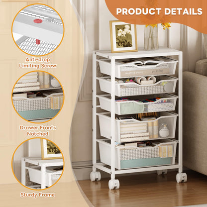 Sbanmao Rolling Storage Cart with 5 Drawers, Metal Utility Cart with Lockable Wheels, Craft Storage Art Cart, Rolling Drawer Cart for Living Room, Bedroom, Bathroom, Office, Home, White