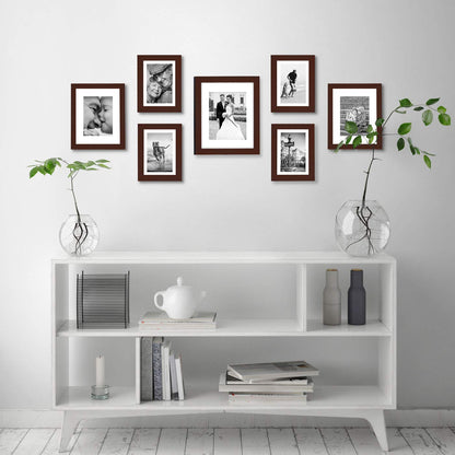 Americanflat Set of 7 Picture Frames with Shatter-Resistant Glass - Gallery Wall Frame Set with One 11x14, Two 8x10 and Four 5x7 Frames - Signature Collection - Mahogany