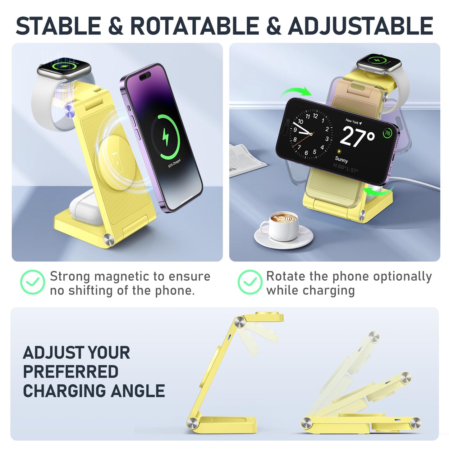 Magnetic Wireless Charger Stand, 3 in 1 Foldable Wireless Charging Station with 20W Adapter, Travel Charger for Multiple Devices for iPhone 17 16 15 14 13 12 Pro/Max/Plus/Mini, iWatch, AirPods