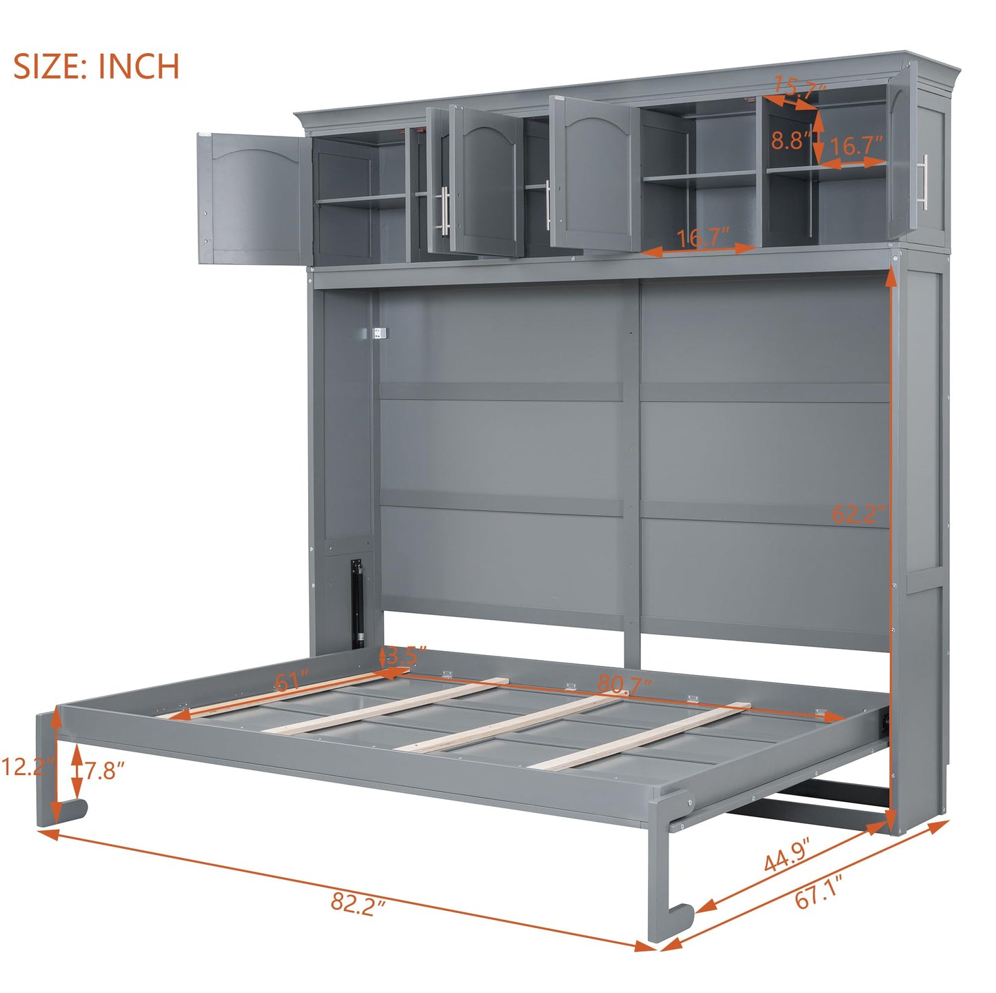 Ball & Cast Queen Size Murphy Bed Wall Cabinet Bedframe,can be Folded,Hideaway Chest with Top Storage Lockers,Wood Platform Furniture for Guest Room,Study,Office,Gray