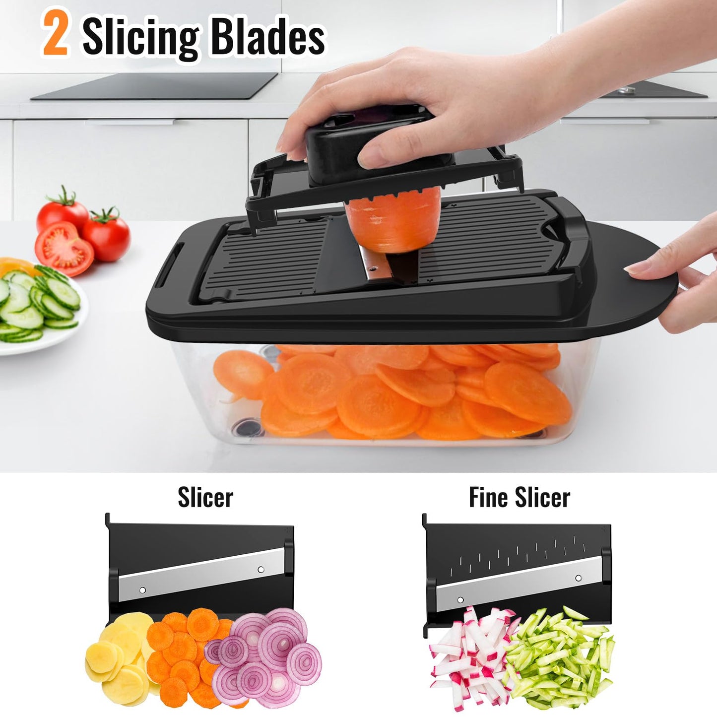 8 Blade All-in-1 Vegetable Chopper Mandoline Slicer with Container, Food Chopper, Onion Chopper, Veggie Cutter for Salad, Kitchen Gadgets Accessories Essentials, Black