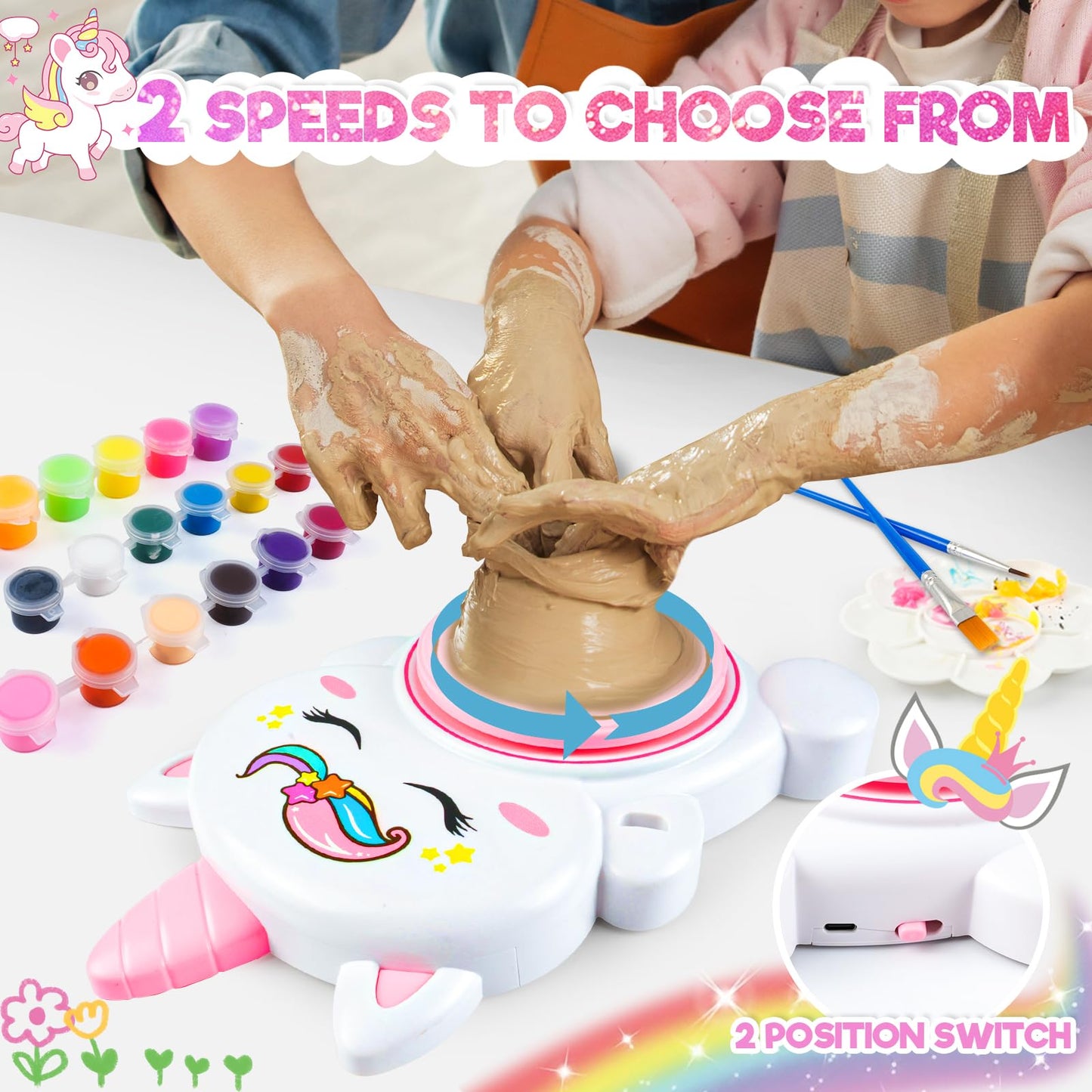 Pottery Wheel Kit for Kids with Glow Paints, Complete Pottery Arts Crafts Toys for Girls 8-12, Art Supplies for Kids 6 7 8 9 10 11 12 Toys Girls Birthday with Drawing Molds Tablecloth Air Dry Clay